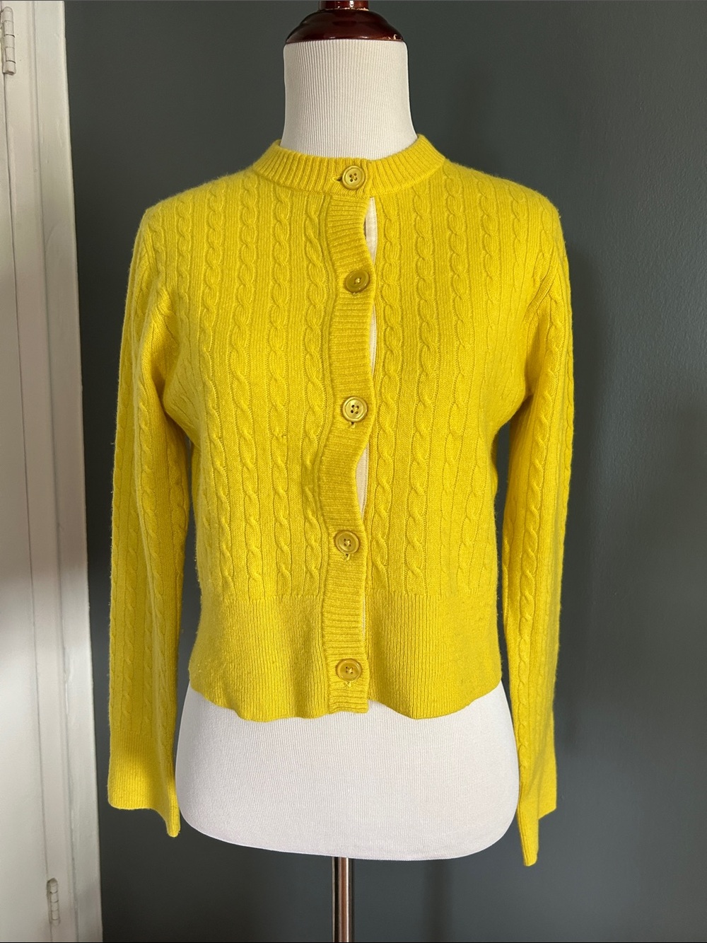 J. Crew 100% Cashmere Yellow Cable-Knit Button Cardigan Sweater